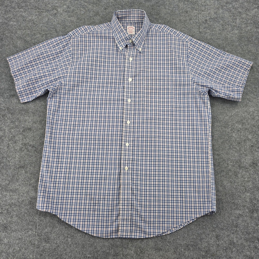 Brooks Brothers Mens Large Traditional Fit Non-Iron Cotton Check Shirt Blue Red